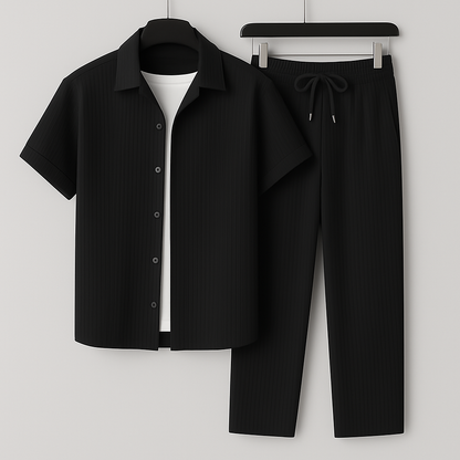 Men’s Two-Piece Set – Natural Fibers – Relaxed Fit – Short Sleeve Shirt – Drawstring Trousers