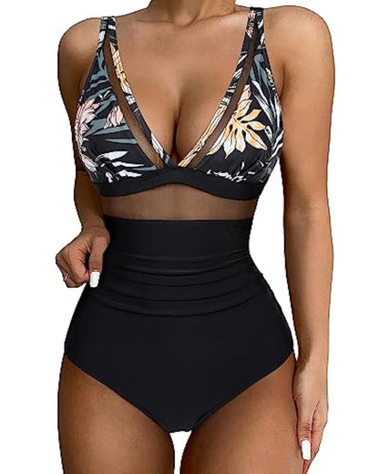 Women’s Swimsuit – Fitted One-Piece – Plunging Neckline – Mesh Panels – High-Cut Leg