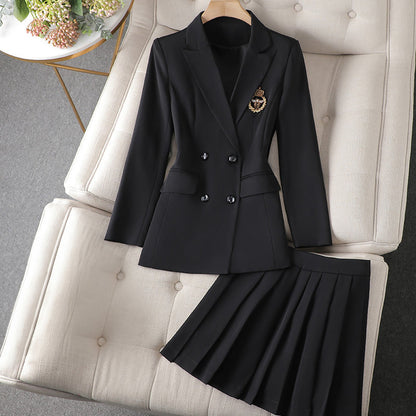 Women’s Blazer Skirt Set – Tailored Fit – Double Breasted – Pleated Knee-Length Skirt