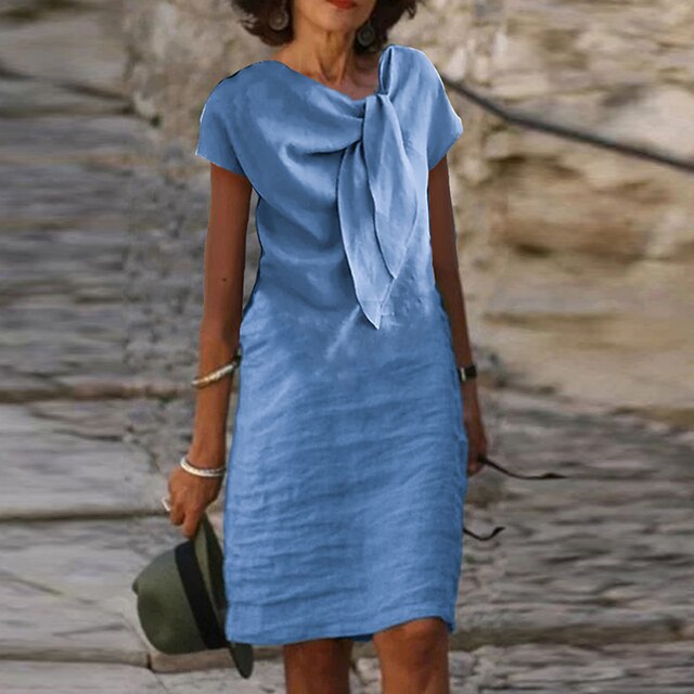 Women’s Evening Dress – Relaxed Fit – Mini Length – Short Sleeve – Statement Bow