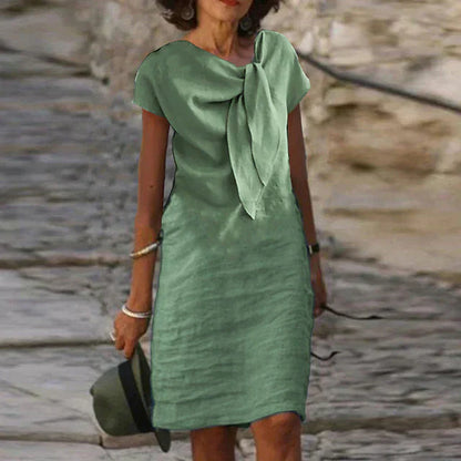 Women’s Evening Dress – Relaxed Fit – Mini Length – Short Sleeve – Statement Bow