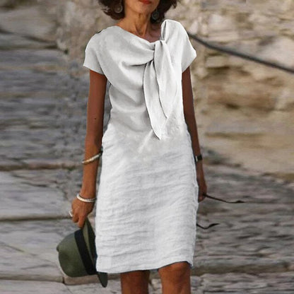 Women’s Evening Dress – Relaxed Fit – Mini Length – Short Sleeve – Statement Bow