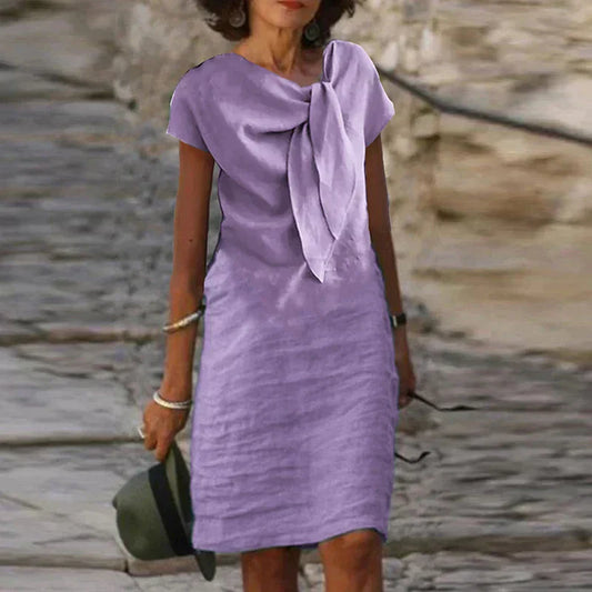 Women’s Evening Dress – Relaxed Fit – Mini Length – Short Sleeve – Statement Bow
