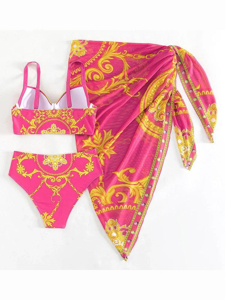 Women's Bohemian High-Waist Bikini Set with Cover-Up