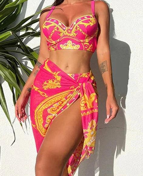 Women's Bohemian High-Waist Bikini Set with Cover-Up