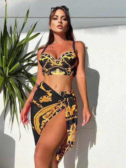 Women's Bohemian High-Waist Bikini Set with Cover-Up