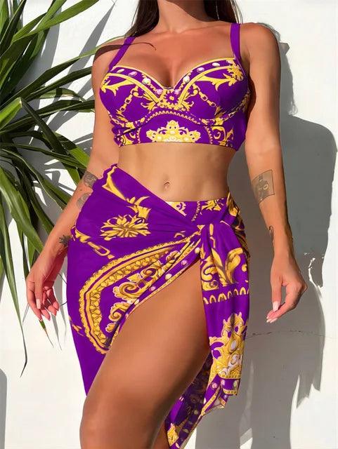 Women's Bohemian High-Waist Bikini Set with Cover-Up