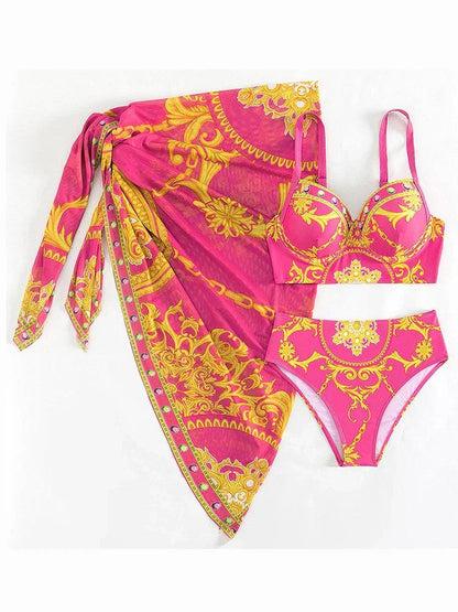 Women's Bohemian High-Waist Bikini Set with Cover-Up