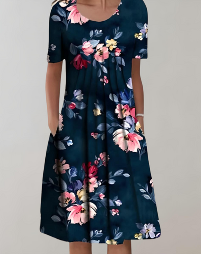 Eloise - Floral Smocked Dress with Round Neckline and Pockets