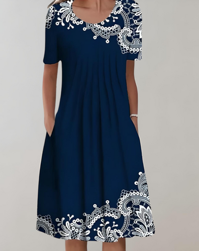 Eloise - Floral Smocked Dress with Round Neckline and Pockets