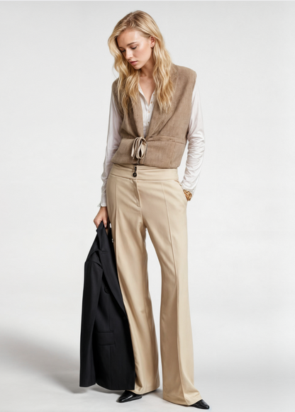 Women’s Cashmere Vest – Relaxed Fit – Deep V-Neck – Tie Front – Waist Length