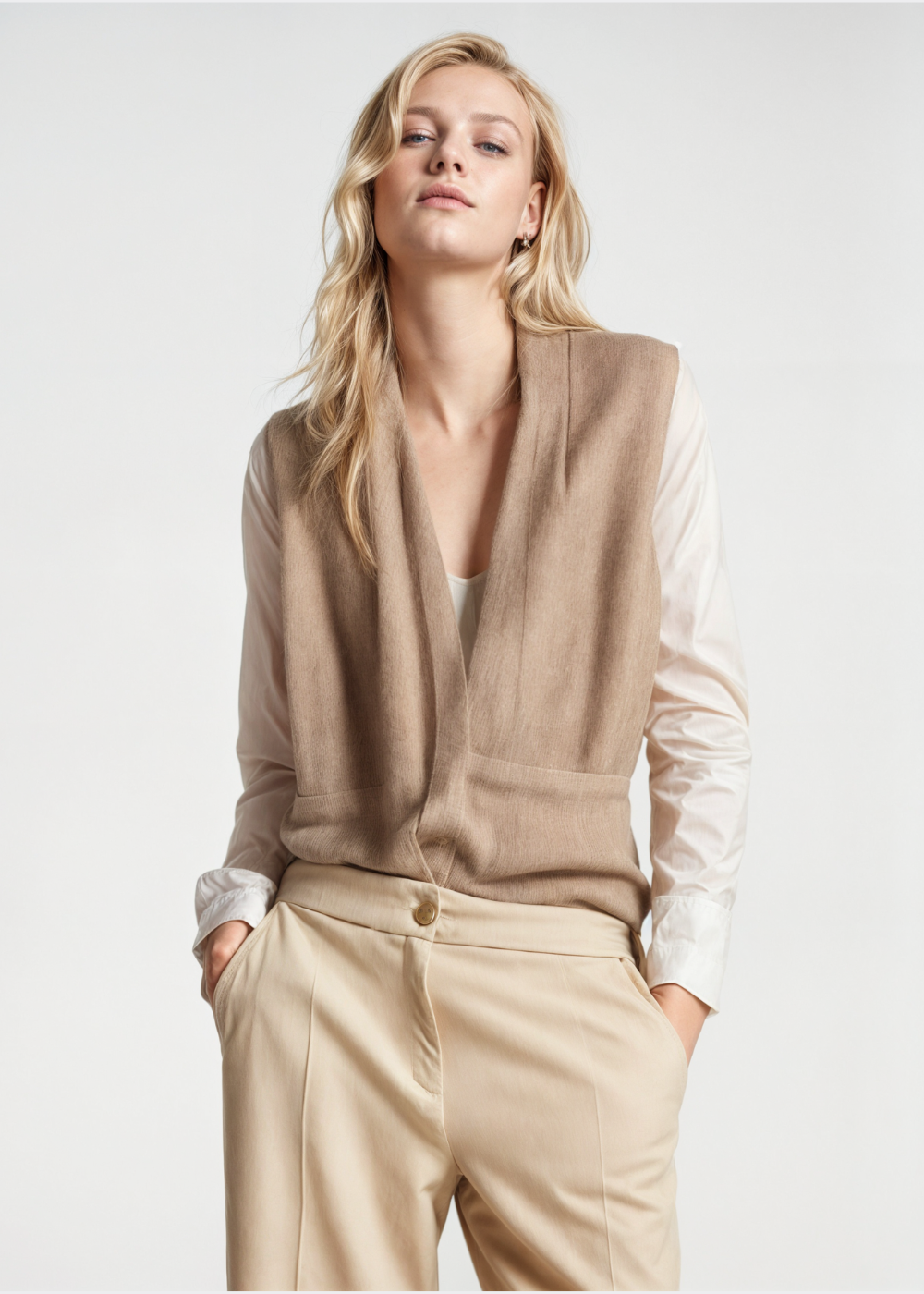 Women’s Cashmere Vest – Relaxed Fit – Deep V-Neck – Tie Front – Waist Length