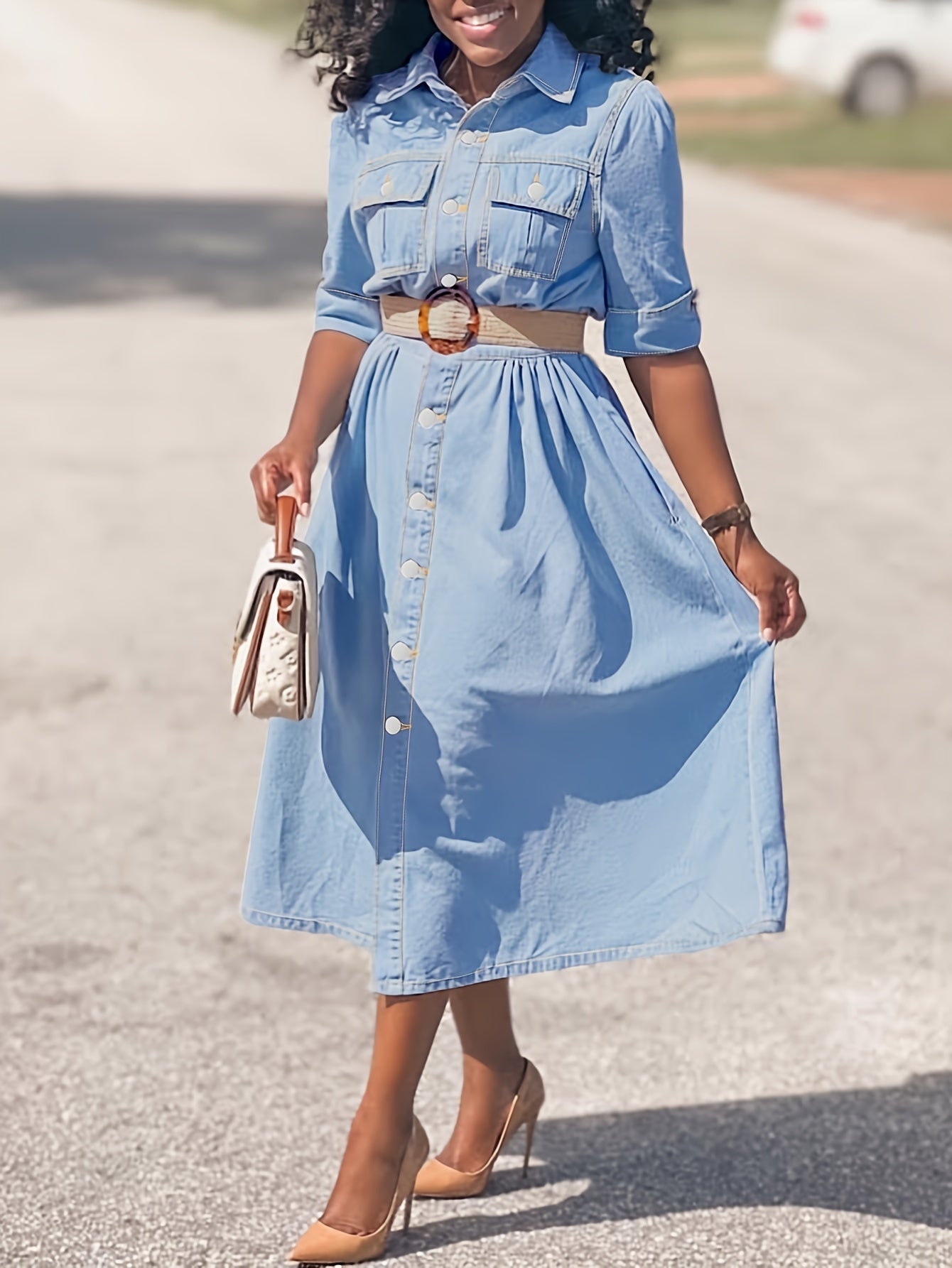 Women's Denim Shirt Dress - Button Down Midi - Belted Waist - Cuffed Sleeve - Pocket Detail