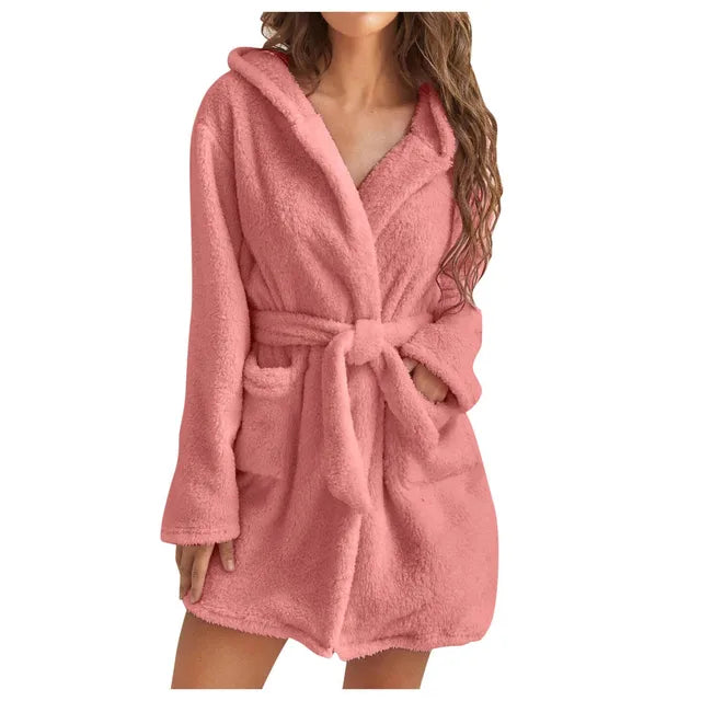 Women's fluffy hooded bathrobe