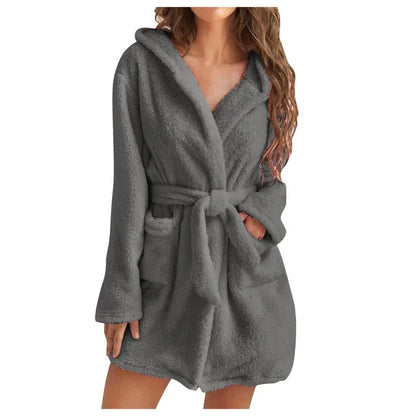 Women's fluffy hooded bathrobe