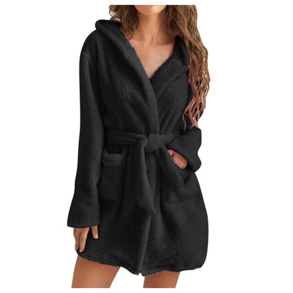 Women's fluffy hooded bathrobe