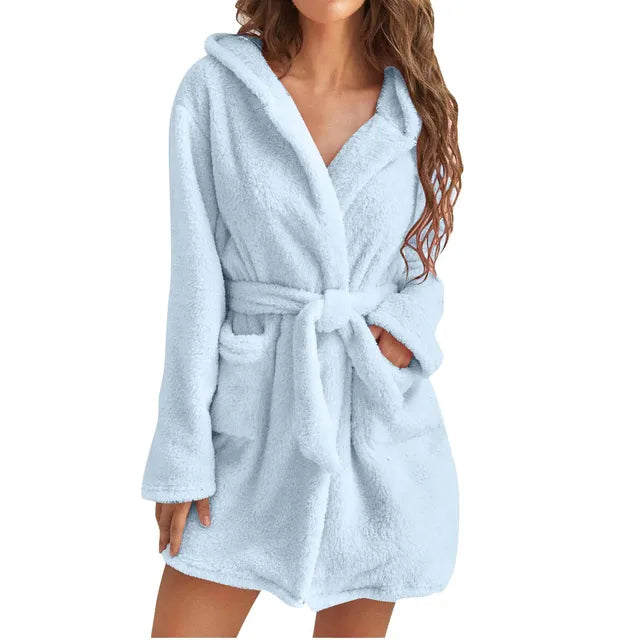 Women's fluffy hooded bathrobe