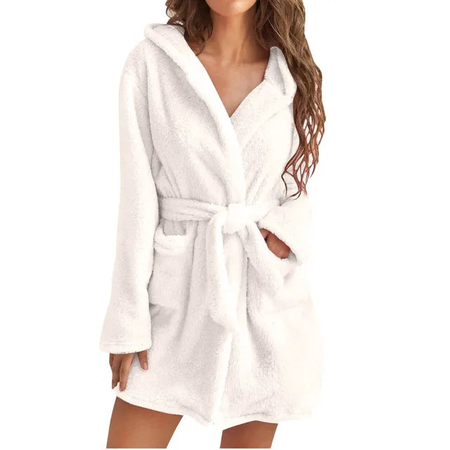 Women's fluffy hooded bathrobe