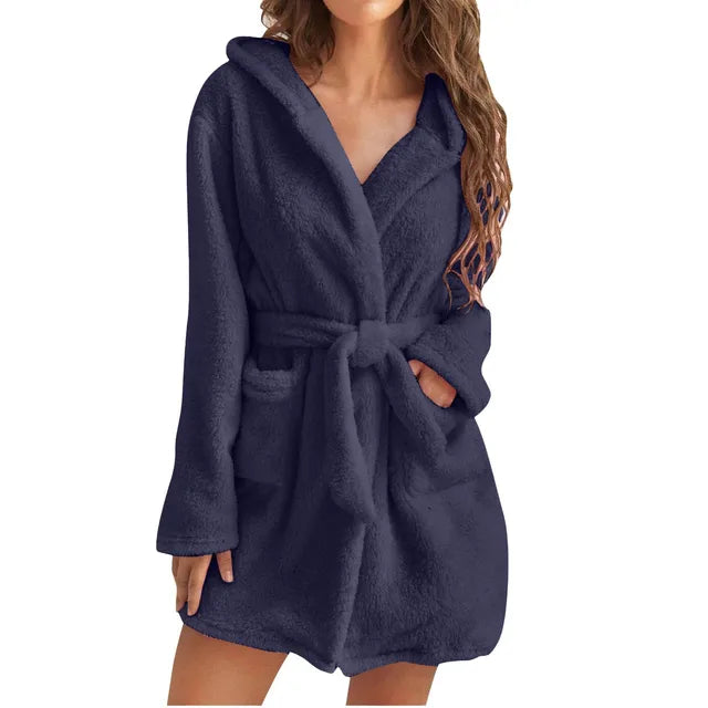 Women's fluffy hooded bathrobe