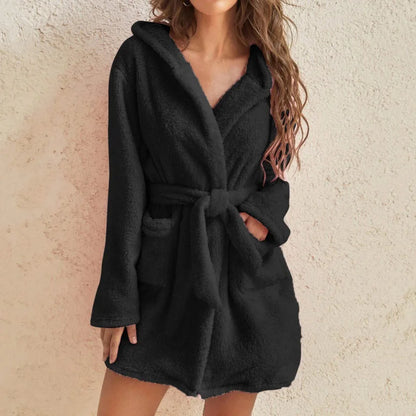 Women's fluffy hooded bathrobe