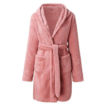 Women's fluffy hooded bathrobe