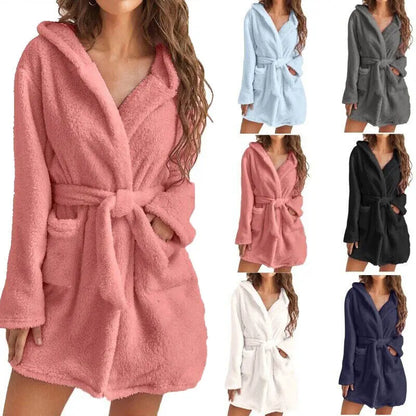 Women's fluffy hooded bathrobe