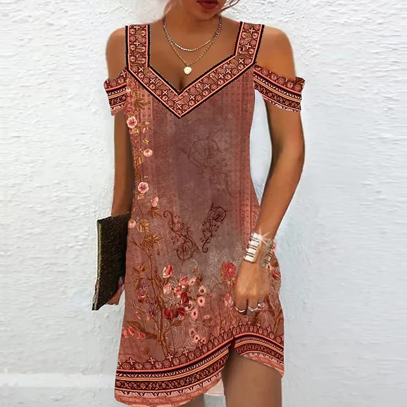 Women's Cold Shoulder Dress - V-Neck - Lightweight Floral Boho Print - Knee Length
