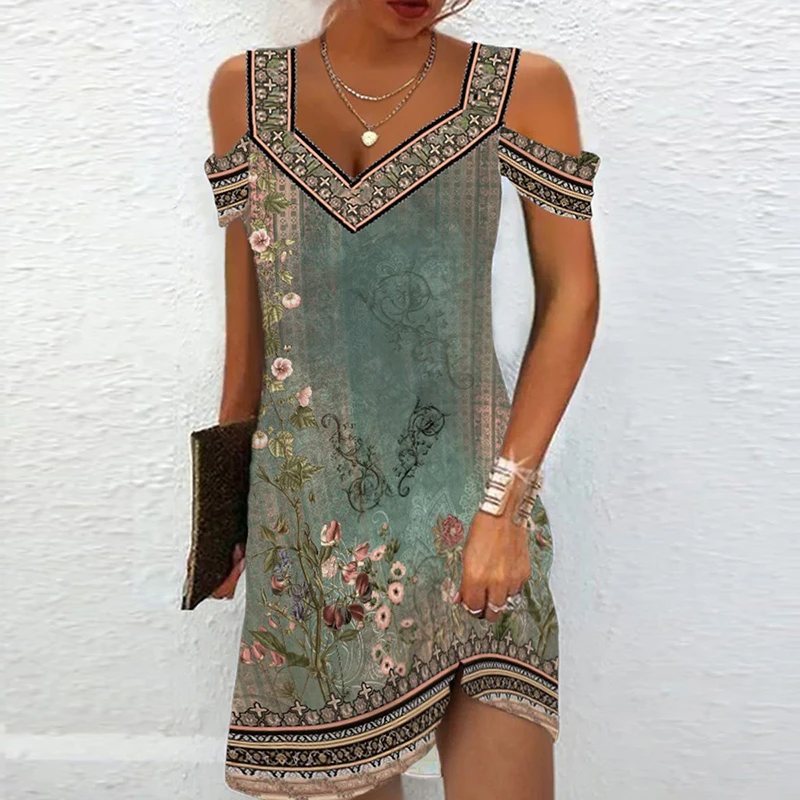 Women's Cold Shoulder Dress - V-Neck - Lightweight Floral Boho Print - Knee Length
