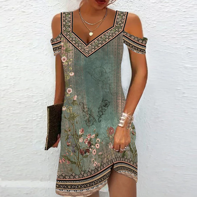 Women's Cold Shoulder Dress - V-Neck - Lightweight Floral Boho Print - Knee Length