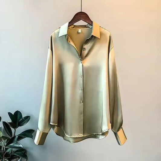 Women's Satin Blouse - Button Down - Long Sleeve - Relaxed Fit - Spread Collar
