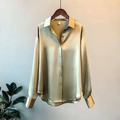 Women's Satin Blouse - Button Down - Long Sleeve - Relaxed Fit - Spread Collar