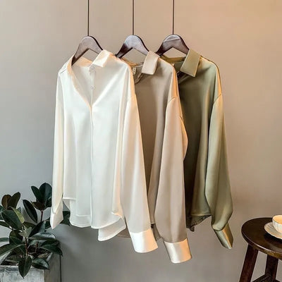 Women's Satin Blouse - Button Down - Long Sleeve - Relaxed Fit - Spread Collar