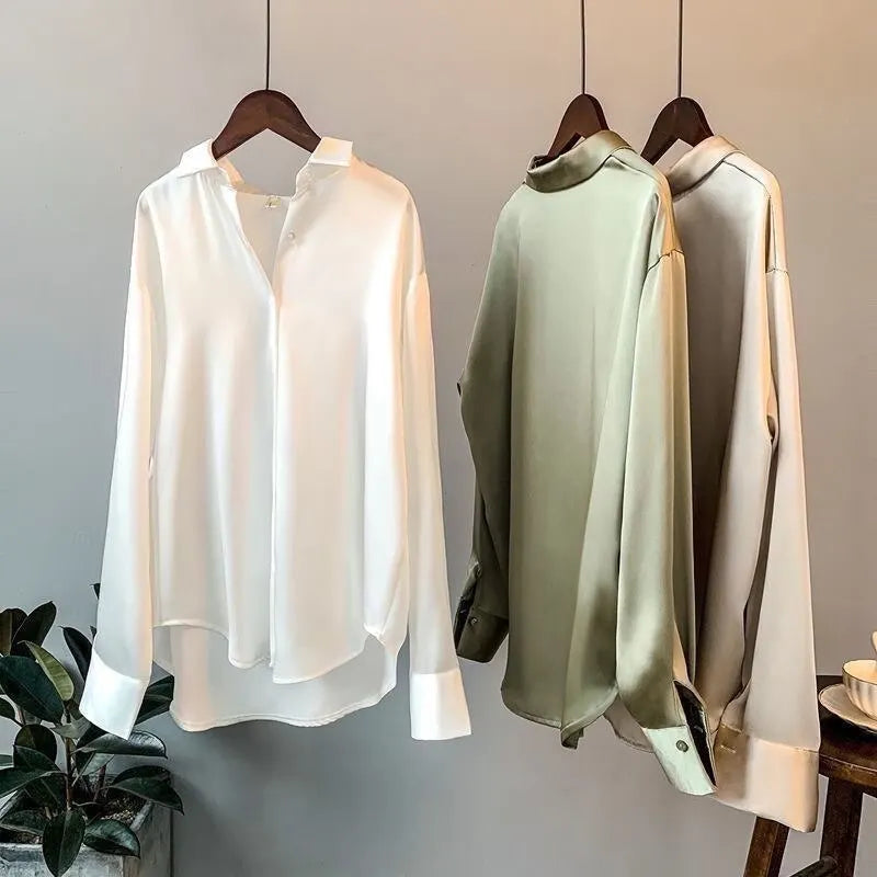 Women's Satin Blouse - Button Down - Long Sleeve - Relaxed Fit - Spread Collar