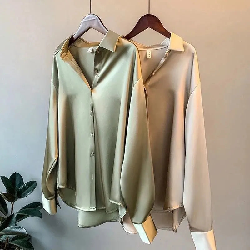 Women's Satin Blouse - Button Down - Long Sleeve - Relaxed Fit - Spread Collar