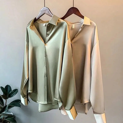 Women's Satin Blouse - Button Down - Long Sleeve - Relaxed Fit - Spread Collar