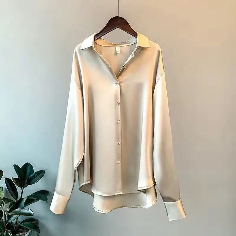 Women's Satin Blouse - Button Down - Long Sleeve - Relaxed Fit - Spread Collar