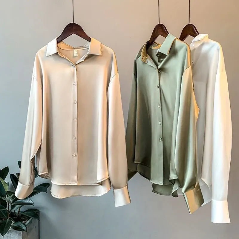 Women's Satin Blouse - Button Down - Long Sleeve - Relaxed Fit - Spread Collar