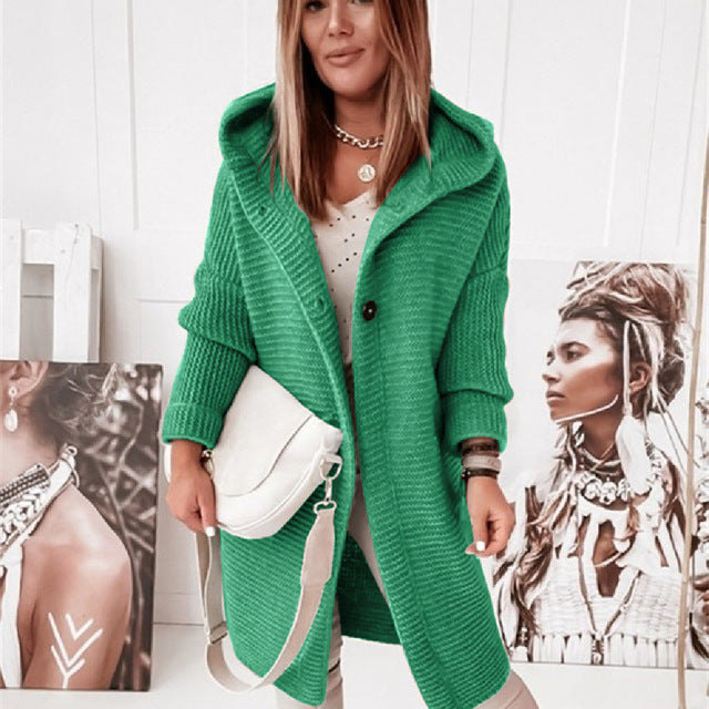 Knitted Hoodie Cardigan with Buttons | Warm Winter Long-Sleeve Sweater Coat