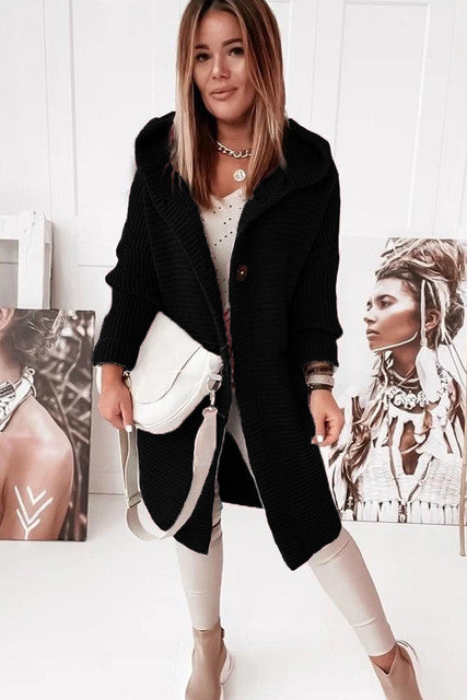 Knitted Hoodie Cardigan with Buttons | Warm Winter Long-Sleeve Sweater Coat