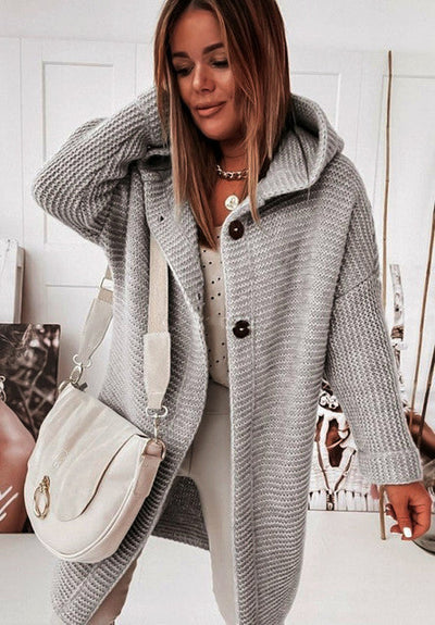 Knitted Hoodie Cardigan with Buttons | Warm Winter Long-Sleeve Sweater Coat