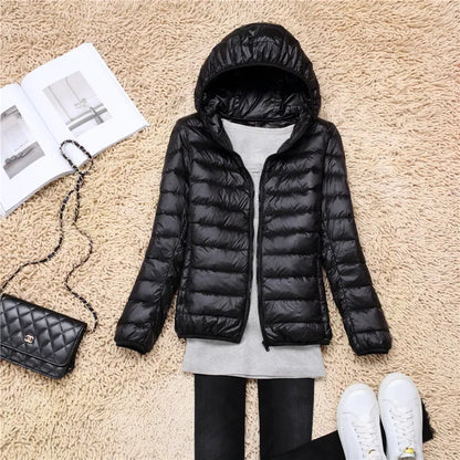 Women’s Quilted Down Coat – Slim Fit – Lightweight Hooded – Packable Casual Outerwear