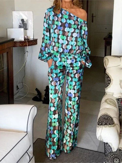 Women’s Coordinated Set – One-Shoulder Top – Wide-Leg Trousers
