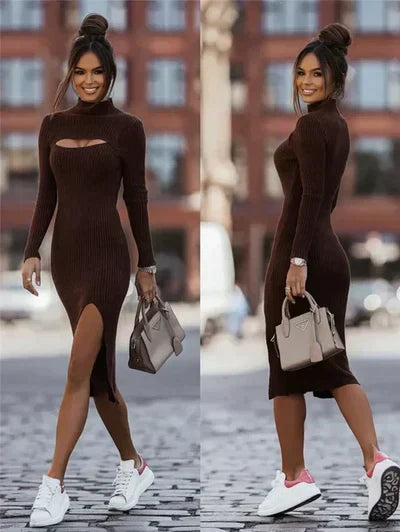Women's Bodycon Midi Dress - Ribbed Knit - High Neck Cutout - Long Sleeve - Side Slit