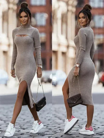 Women's Bodycon Midi Dress - Ribbed Knit - High Neck Cutout - Long Sleeve - Side Slit