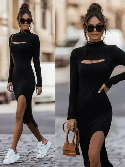 Women's Bodycon Midi Dress - Ribbed Knit - High Neck Cutout - Long Sleeve - Side Slit