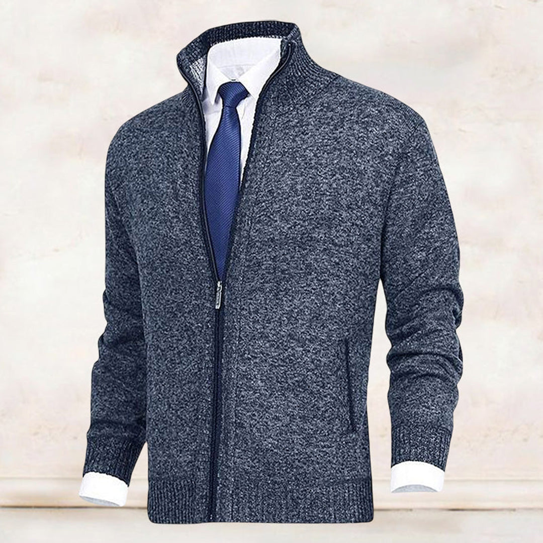Men's knitted cardigan with stand collar
