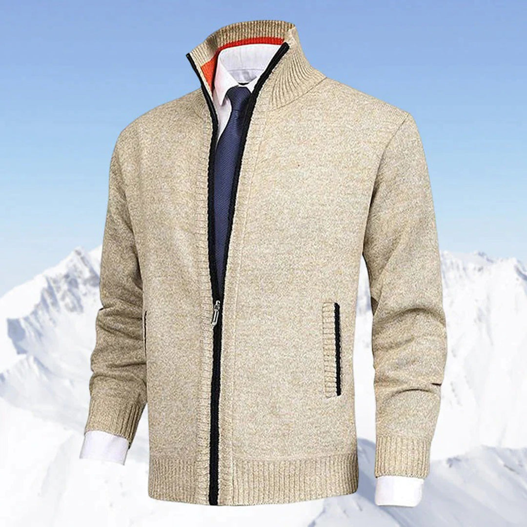 Men's knitted cardigan with stand collar