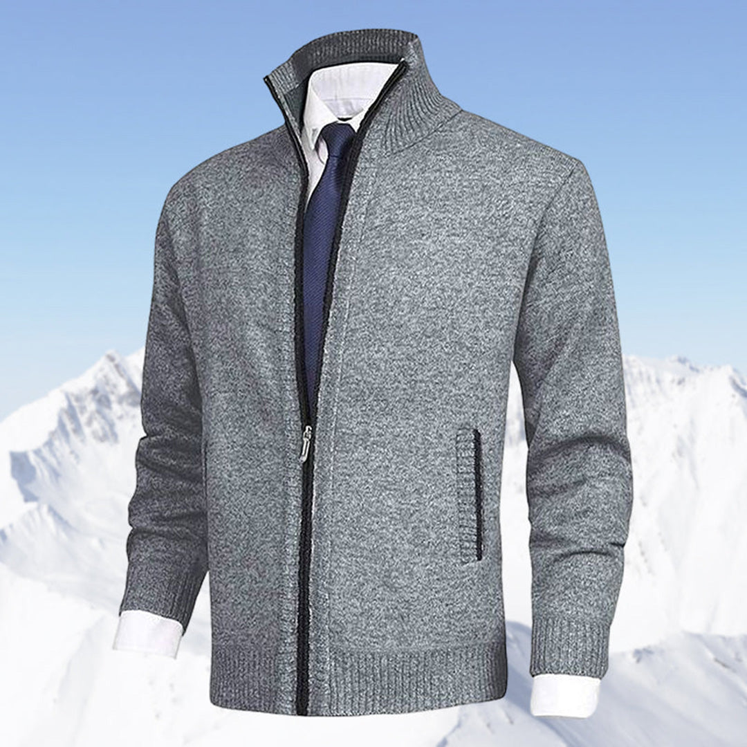 Men's knitted cardigan with stand collar