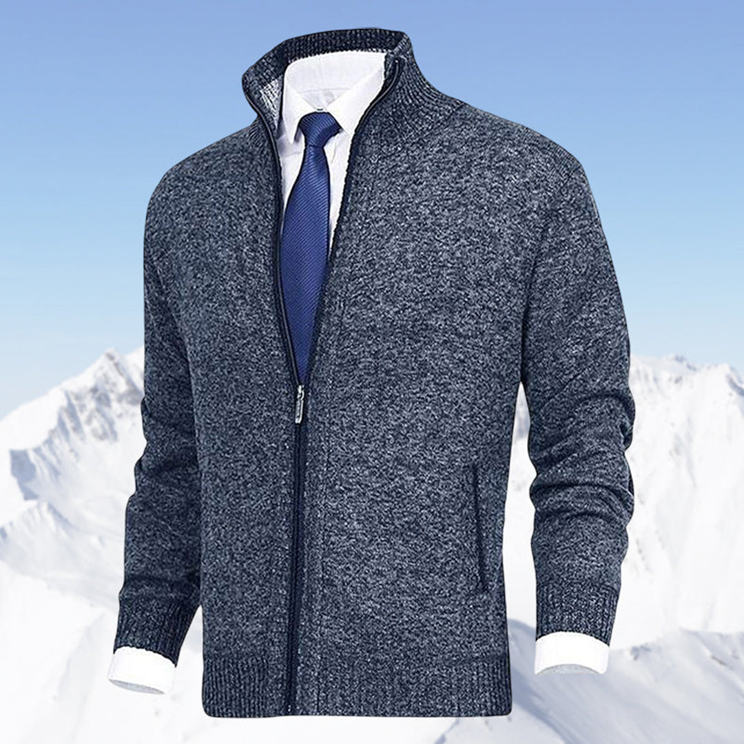 Men's knitted cardigan with stand collar