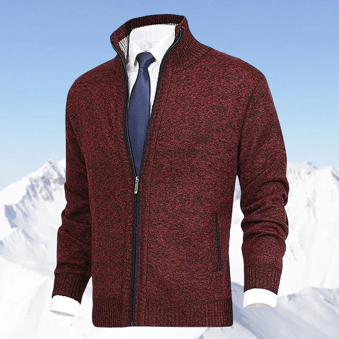 Men's knitted cardigan with stand collar